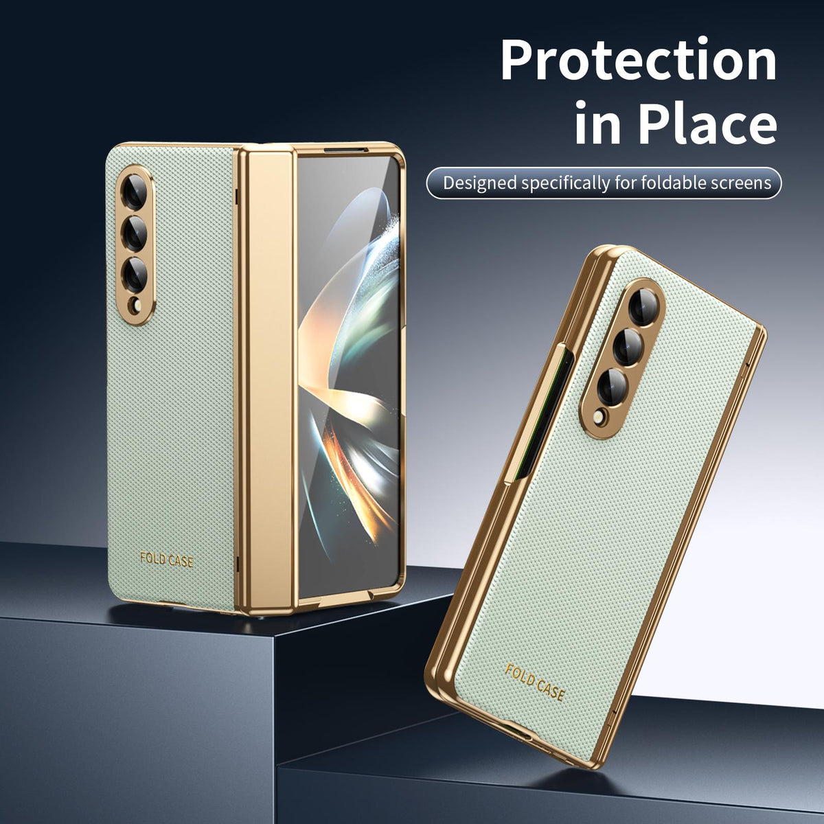 For Galaxy Z Fold3 5G Electroplated PC Fold Shockproof Vegan Leather Phone Case - Cyan - EDA010120013C