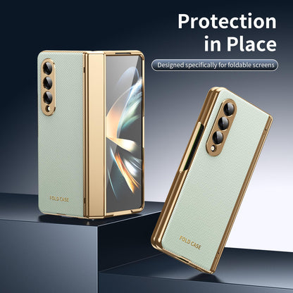 For Galaxy Z Fold3 5G Electroplated PC Fold Shockproof Vegan Leather Phone Case - Cyan - EDA010120013C