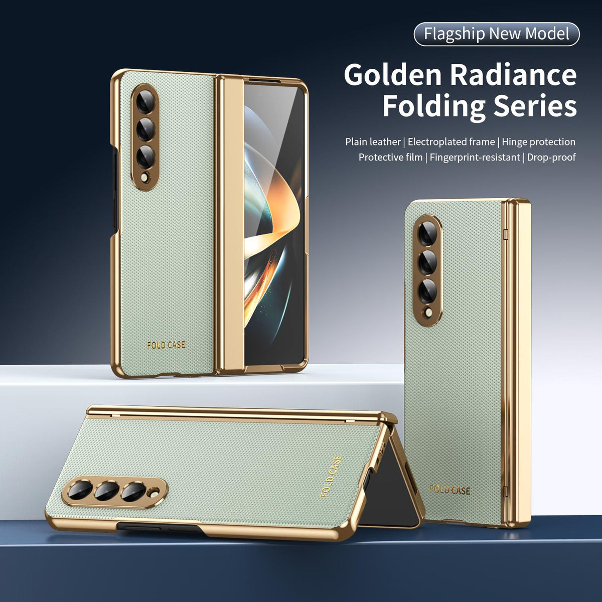 For Galaxy Z Fold3 5G Electroplated PC Fold Shockproof Vegan Leather Phone Case - Cyan - EDA010120013C