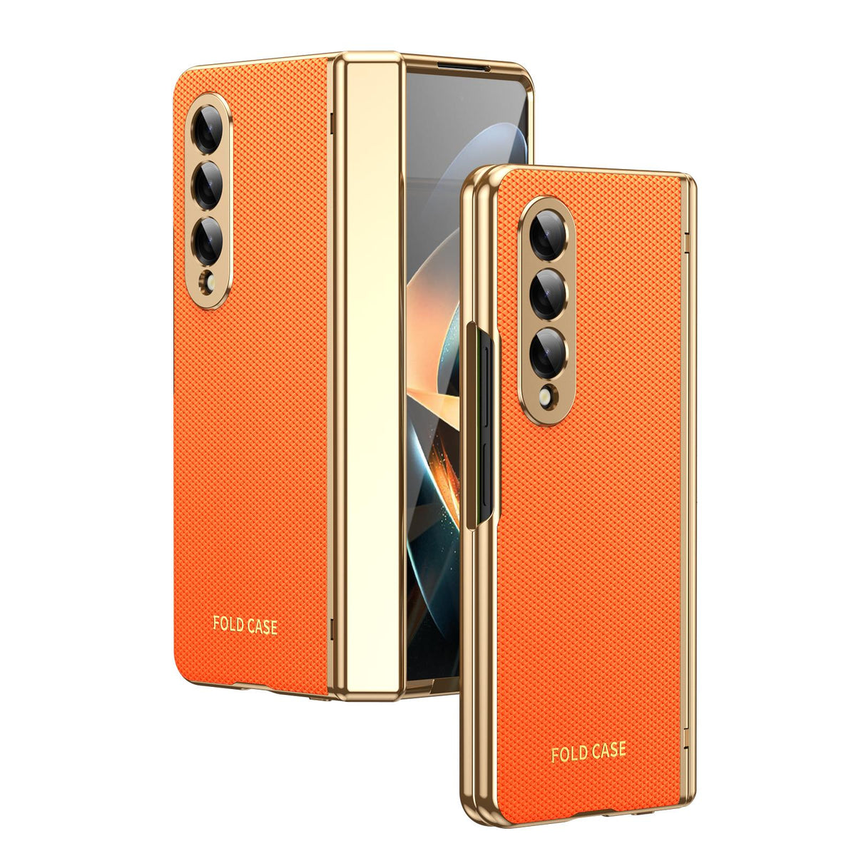 For Galaxy Z Fold3 5G Electroplated PC Fold Shockproof Vegan Leather Phone Case - Orange - EDA010120013D