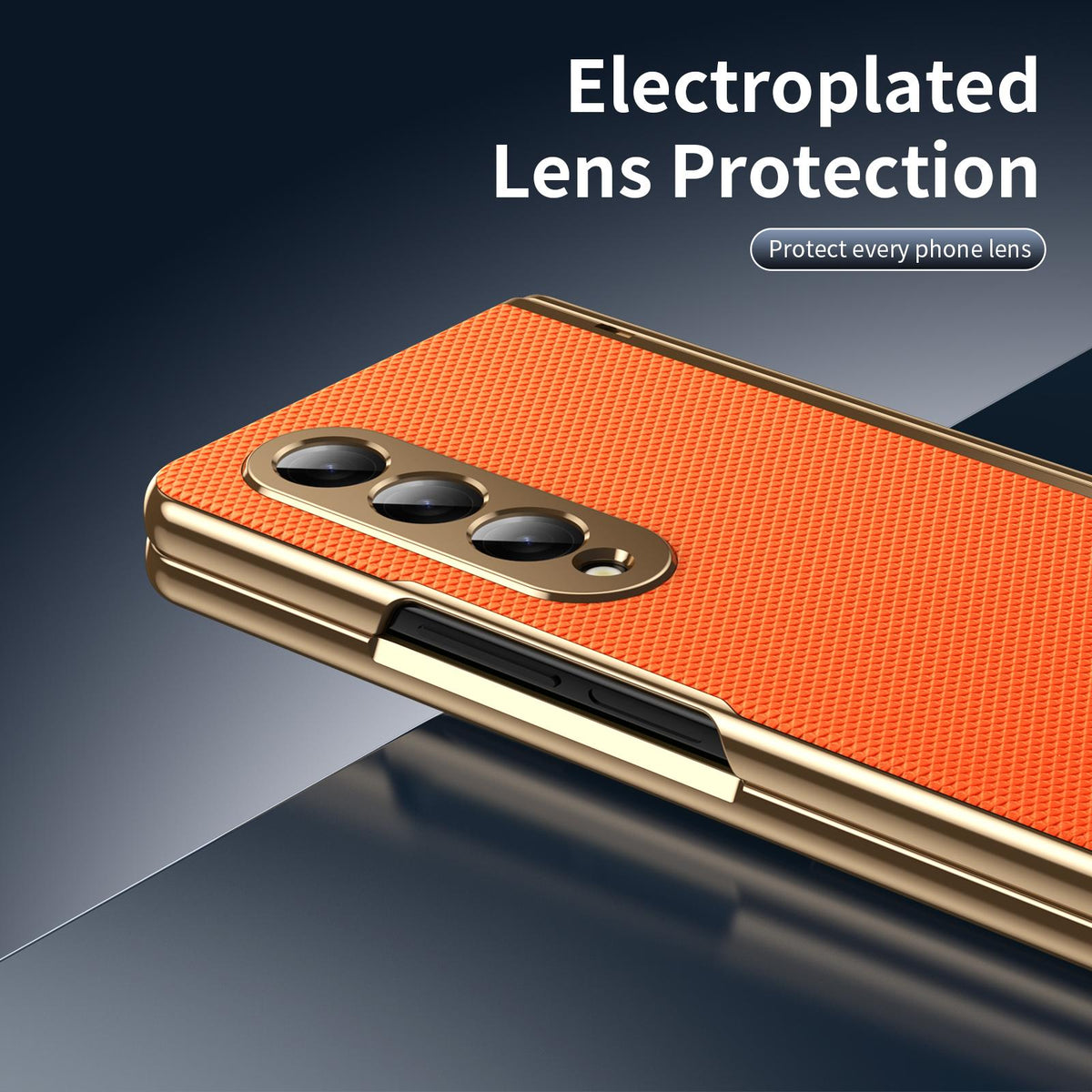 For Galaxy Z Fold3 5G Electroplated PC Fold Shockproof Vegan Leather Phone Case - Orange - EDA010120013D