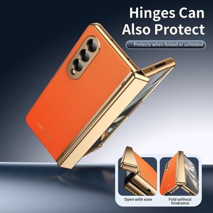 For Galaxy Z Fold3 5G Electroplated PC Fold Shockproof Vegan Leather Phone Case - Orange - EDA010120013D