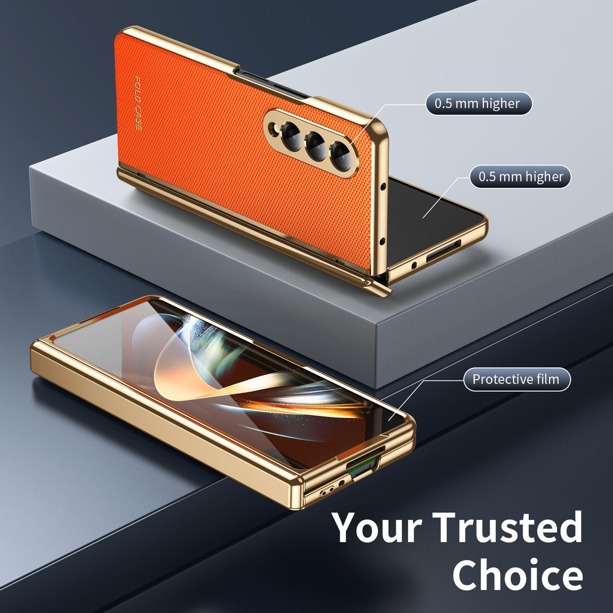 For Galaxy Z Fold3 5G Electroplated PC Fold Shockproof Vegan Leather Phone Case - Orange - EDA010120013D
