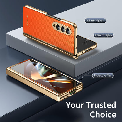 For Galaxy Z Fold3 5G Electroplated PC Fold Shockproof Vegan Leather Phone Case - Orange - EDA010120013D