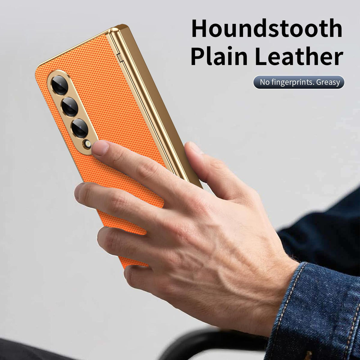 For Galaxy Z Fold3 5G Electroplated PC Fold Shockproof Vegan Leather Phone Case - Orange - EDA010120013D