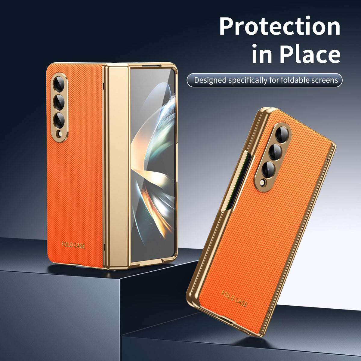 For Galaxy Z Fold3 5G Electroplated PC Fold Shockproof Vegan Leather Phone Case - Orange - EDA010120013D