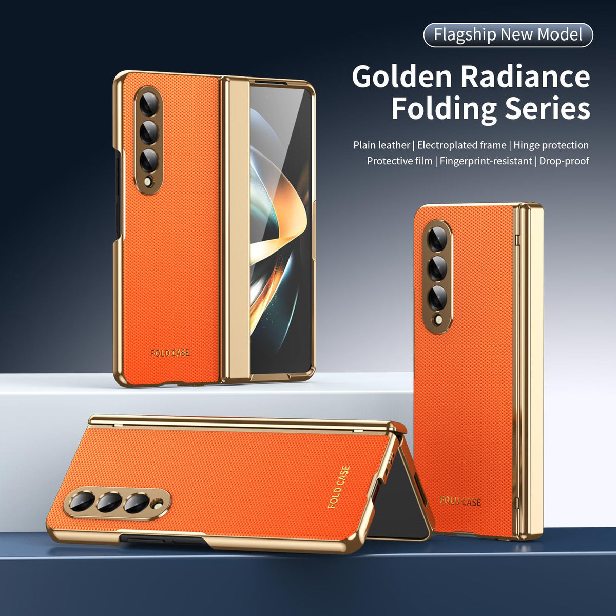 For Galaxy Z Fold3 5G Electroplated PC Fold Shockproof Vegan Leather Phone Case - Orange - EDA010120013D