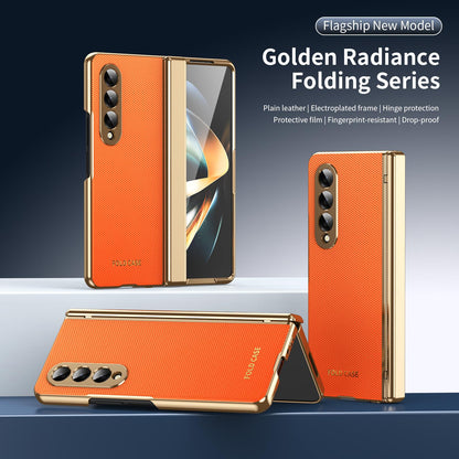 For Galaxy Z Fold3 5G Electroplated PC Fold Shockproof Vegan Leather Phone Case - Orange - EDA010120013D