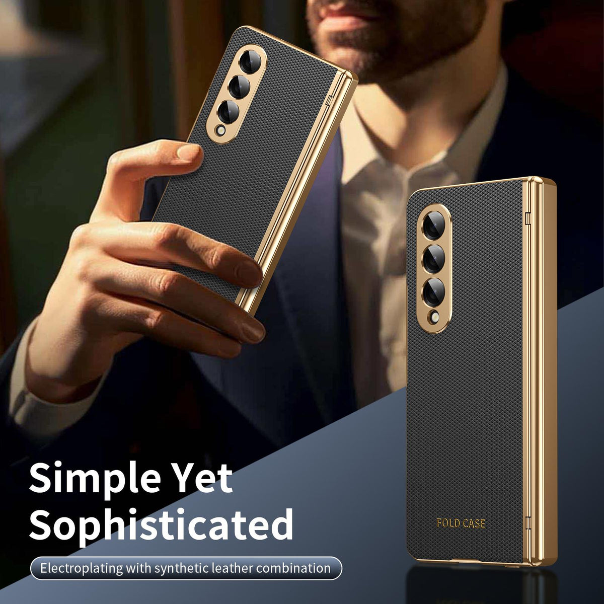 For Galaxy Z Fold3 5G Electroplated PC Fold Shockproof Vegan Leather Phone Case - Black - EDA010120013E