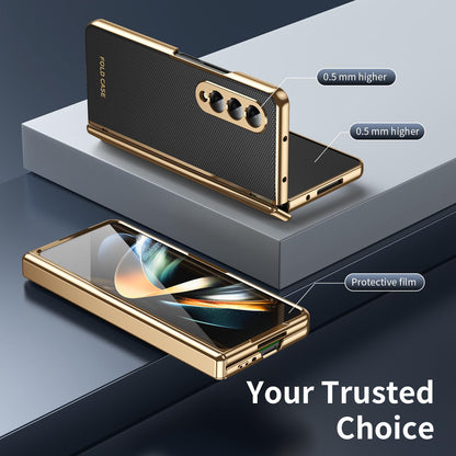For Galaxy Z Fold3 5G Electroplated PC Fold Shockproof Vegan Leather Phone Case - Black - EDA010120013E
