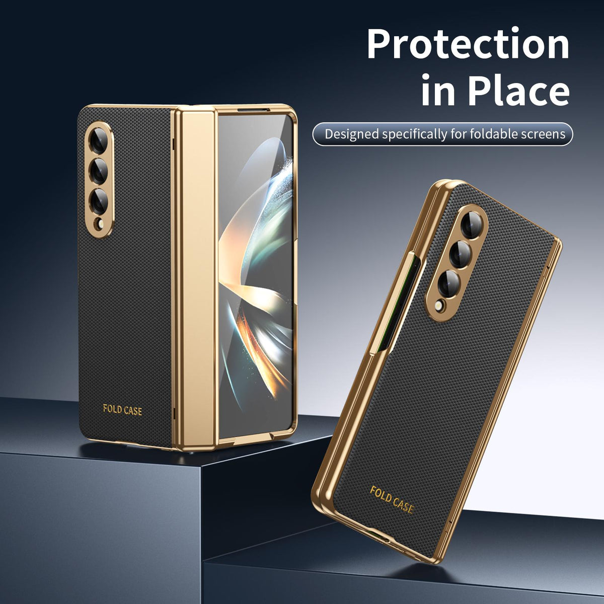 For Galaxy Z Fold3 5G Electroplated PC Fold Shockproof Vegan Leather Phone Case - Black - EDA010120013E