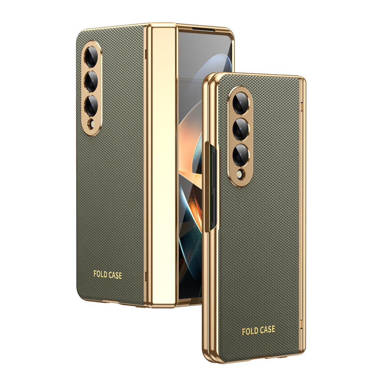 For Galaxy Z Fold3 5G Electroplated PC Fold Shockproof Vegan Leather Phone Case - Olive Green - EDA010120013F