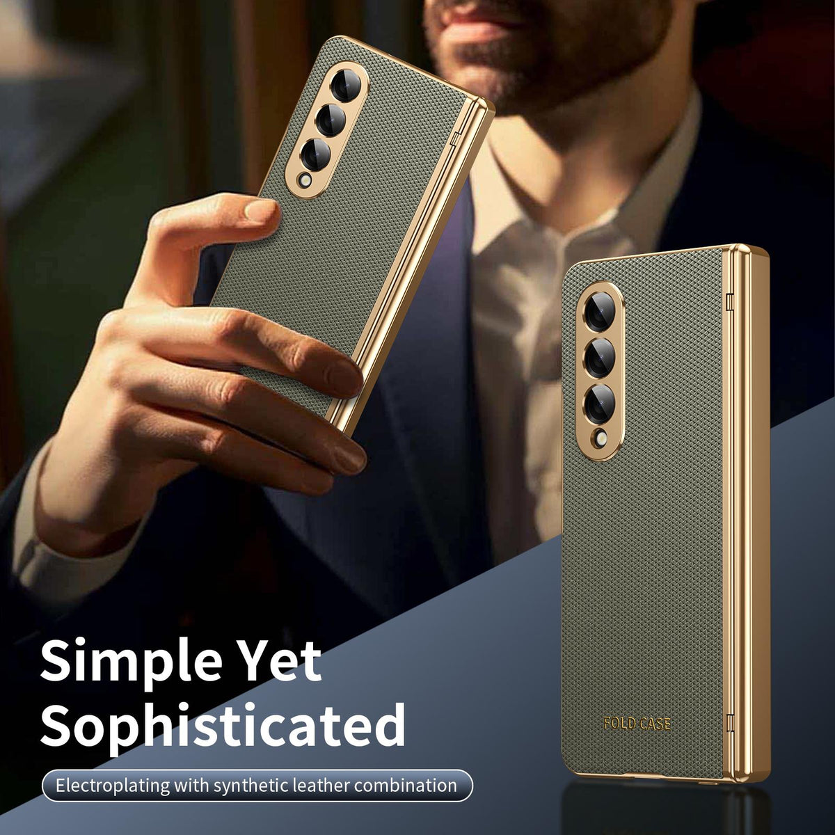 For Galaxy Z Fold3 5G Electroplated PC Fold Shockproof Vegan Leather Phone Case - Olive Green - EDA010120013F