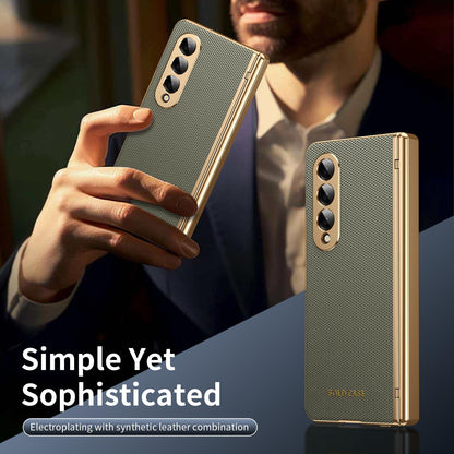 For Galaxy Z Fold3 5G Electroplated PC Fold Shockproof Vegan Leather Phone Case - Olive Green - EDA010120013F