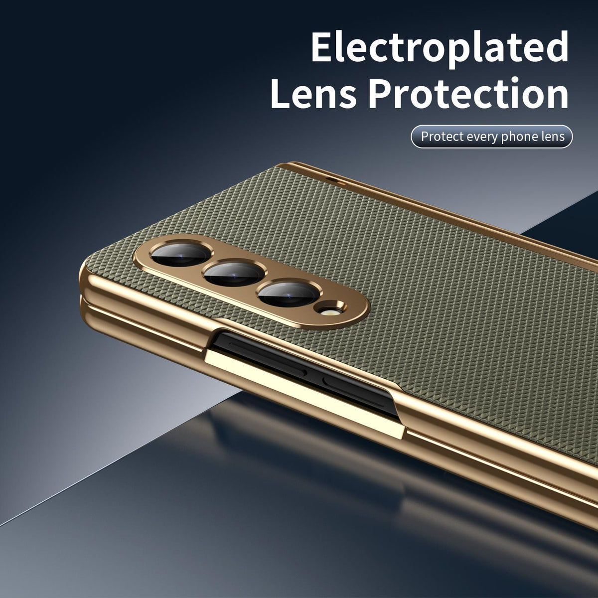 For Galaxy Z Fold3 5G Electroplated PC Fold Shockproof Vegan Leather Phone Case - Olive Green - EDA010120013F
