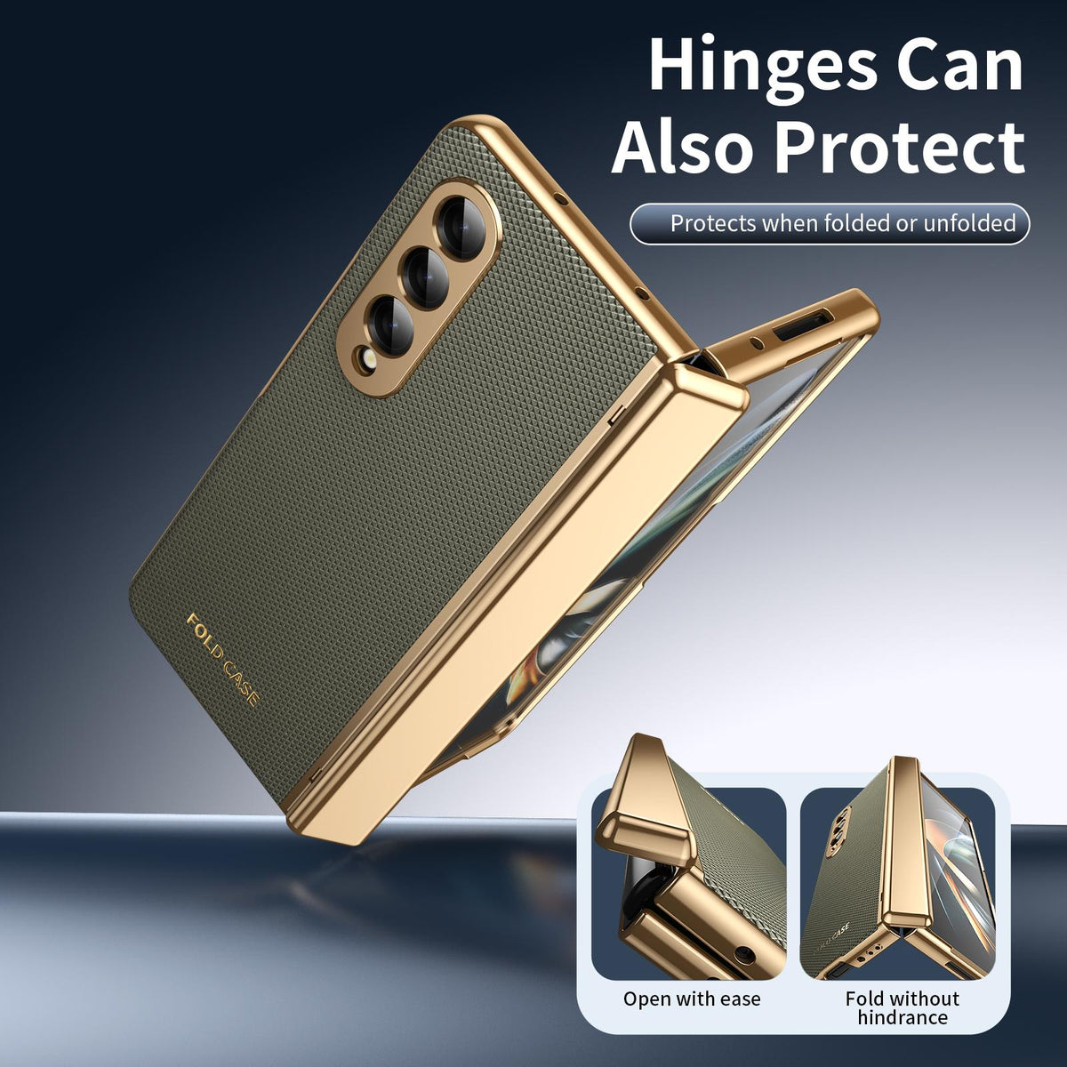 For Galaxy Z Fold3 5G Electroplated PC Fold Shockproof Vegan Leather Phone Case - Olive Green - EDA010120013F
