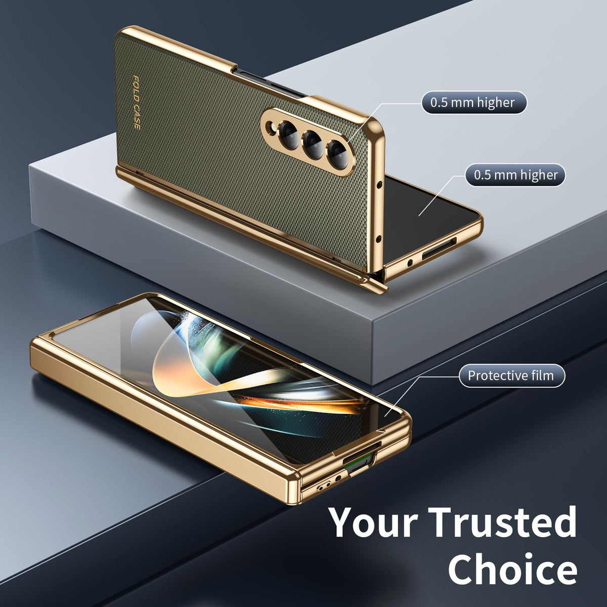For Galaxy Z Fold3 5G Electroplated PC Fold Shockproof Vegan Leather Phone Case - Olive Green - EDA010120013F