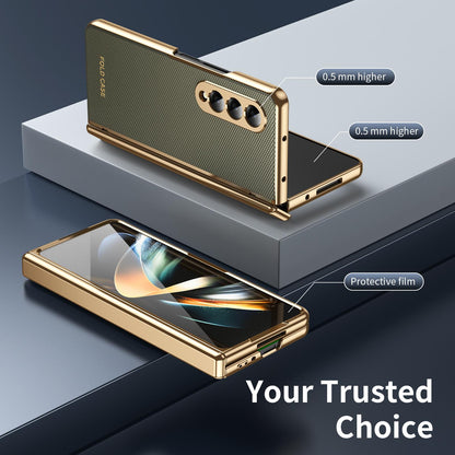For Galaxy Z Fold3 5G Electroplated PC Fold Shockproof Vegan Leather Phone Case - Olive Green - EDA010120013F