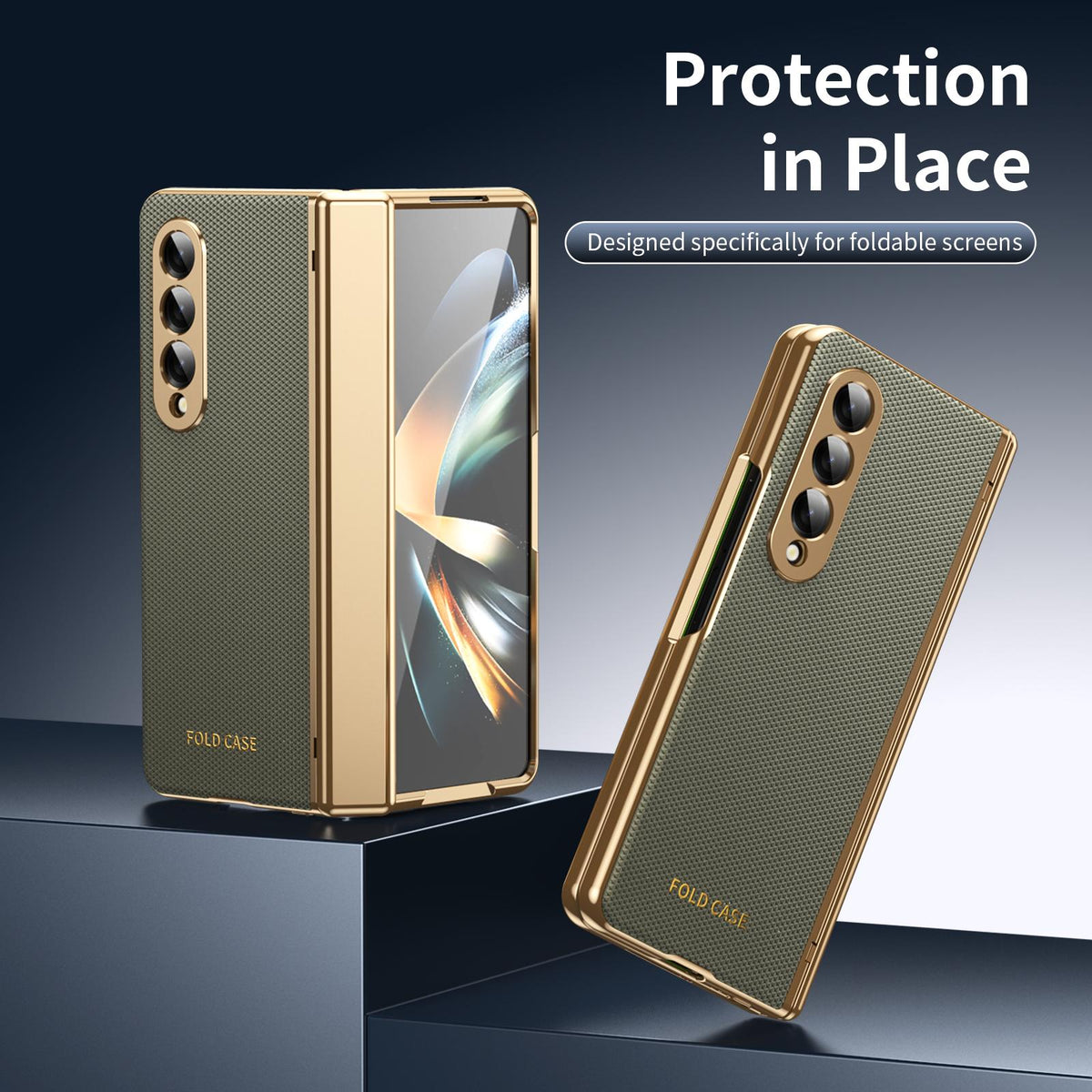 For Galaxy Z Fold3 5G Electroplated PC Fold Shockproof Vegan Leather Phone Case - Olive Green - EDA010120013F