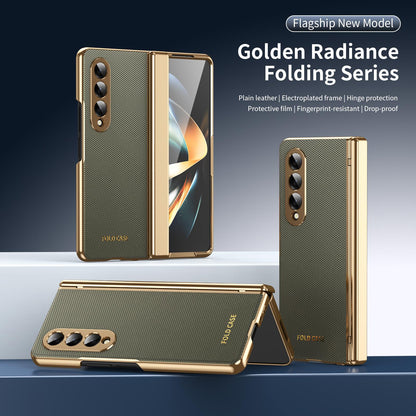 For Galaxy Z Fold3 5G Electroplated PC Fold Shockproof Vegan Leather Phone Case - Olive Green - EDA010120013F