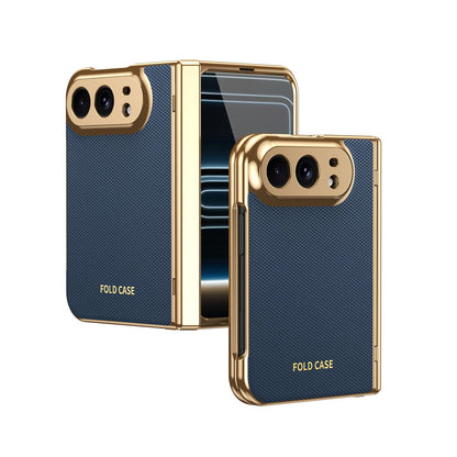 For iPhone Duo Electroplated PC Fold Shockproof Vegan Leather Phone Case - Blue - EDA010120401A