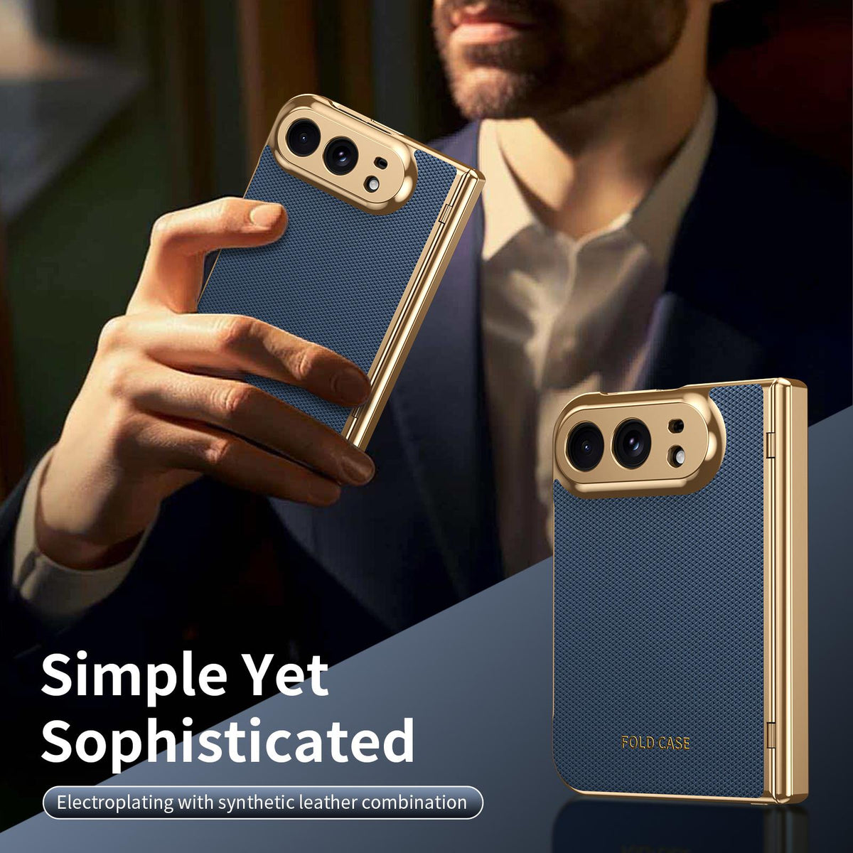 For iPhone Duo Electroplated PC Fold Shockproof Vegan Leather Phone Case - Blue - EDA010120401A