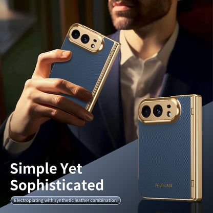 For iPhone Duo Electroplated PC Fold Shockproof Vegan Leather Phone Case - Blue - EDA010120401A