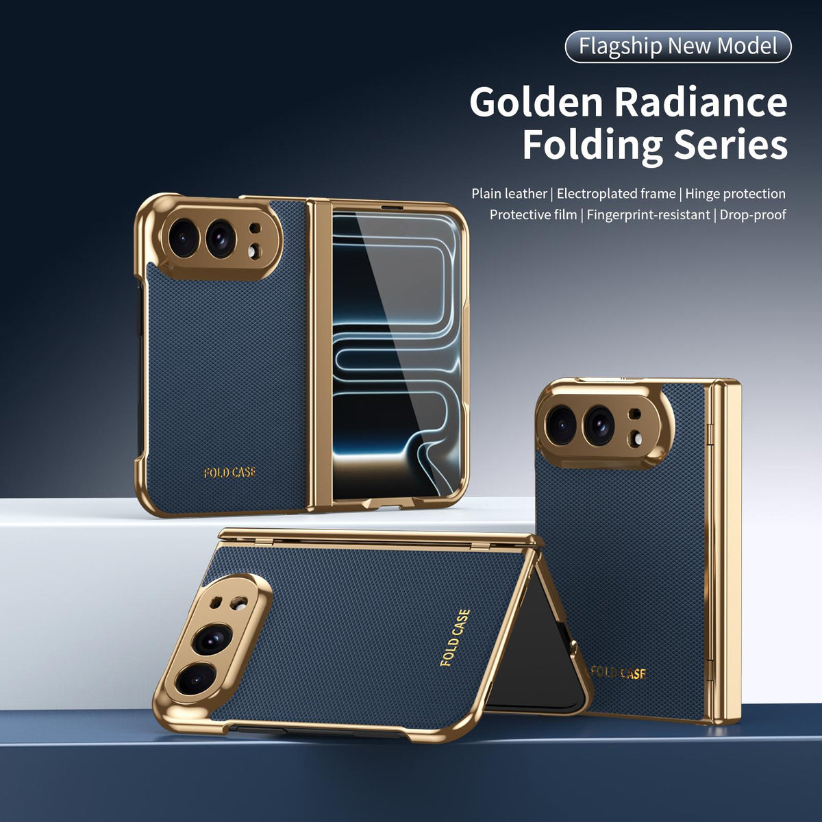 For iPhone Duo Electroplated PC Fold Shockproof Vegan Leather Phone Case - Blue - EDA010120401A