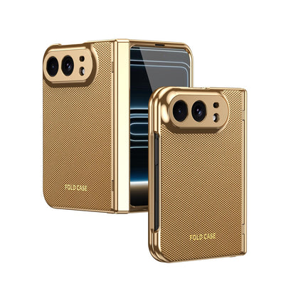 For iPhone Duo Electroplated PC Fold Shockproof Vegan Leather Phone Case - Gold - EDA010120401B