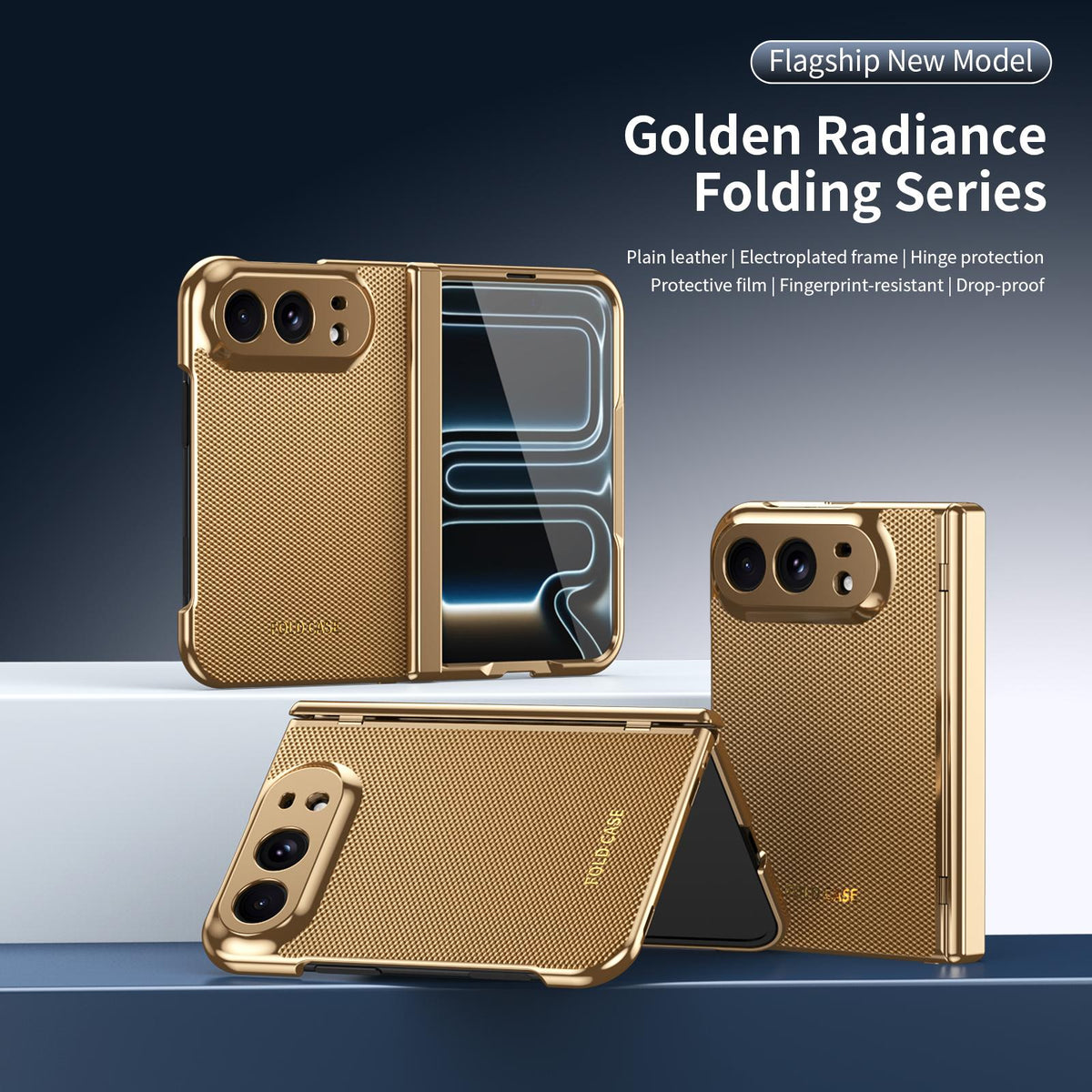 For iPhone Duo Electroplated PC Fold Shockproof Vegan Leather Phone Case - Gold - EDA010120401B
