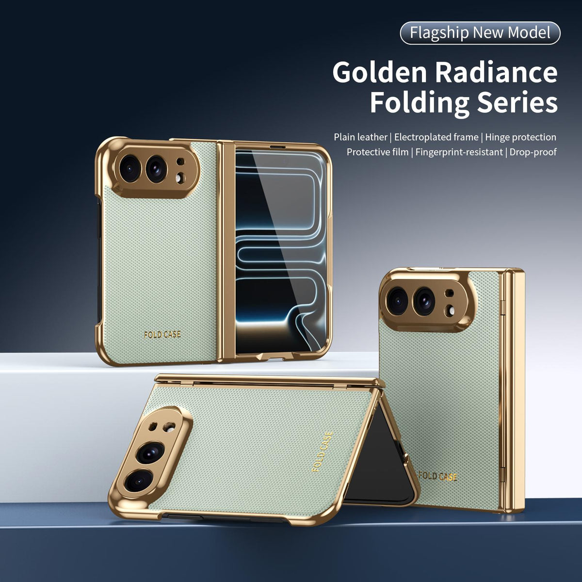 For iPhone Duo Electroplated PC Fold Shockproof Vegan Leather Phone Case - Cyan - EDA010120401C