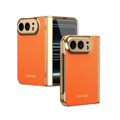 For iPhone Duo Electroplated PC Fold Shockproof Vegan Leather Phone Case - Orange - EDA010120401D