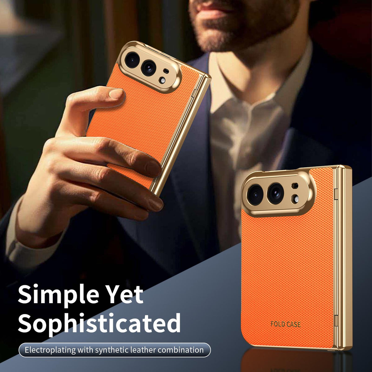 For iPhone Duo Electroplated PC Fold Shockproof Vegan Leather Phone Case - Orange - EDA010120401D