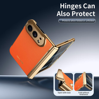 For iPhone Duo Electroplated PC Fold Shockproof Vegan Leather Phone Case - Orange - EDA010120401D