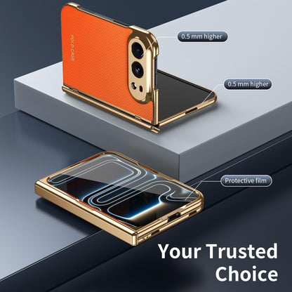 For iPhone Duo Electroplated PC Fold Shockproof Vegan Leather Phone Case - Orange - EDA010120401D