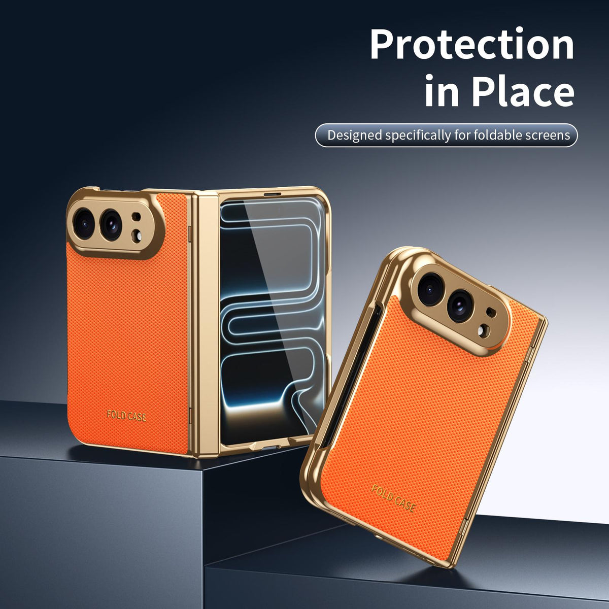 For iPhone Duo Electroplated PC Fold Shockproof Vegan Leather Phone Case - Orange - EDA010120401D
