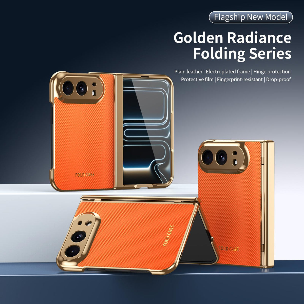 For iPhone Duo Electroplated PC Fold Shockproof Vegan Leather Phone Case - Orange - EDA010120401D