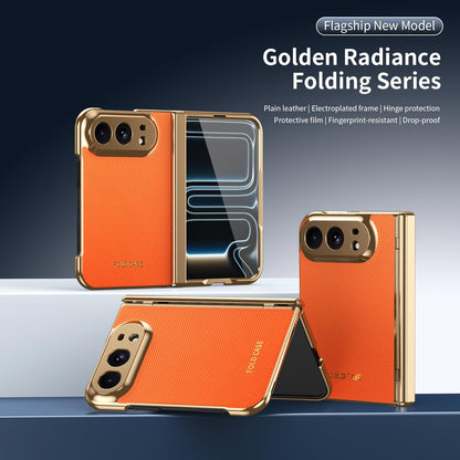 For iPhone Duo Electroplated PC Fold Shockproof Vegan Leather Phone Case - Orange - EDA010120401D