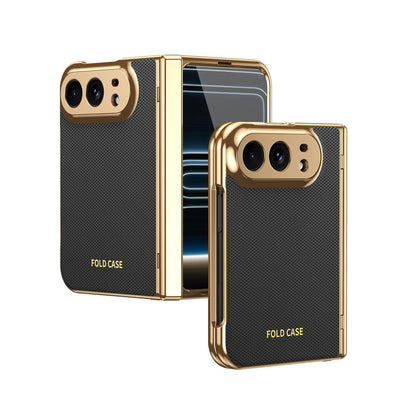 For iPhone Duo Electroplated PC Fold Shockproof Vegan Leather Phone Case - Black - EDA010120401E