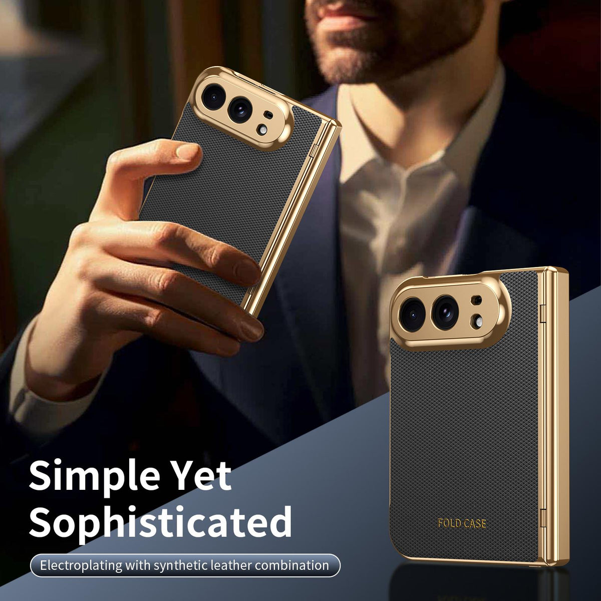 For iPhone Duo Electroplated PC Fold Shockproof Vegan Leather Phone Case - Black - EDA010120401E