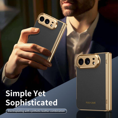 For iPhone Duo Electroplated PC Fold Shockproof Vegan Leather Phone Case - Black - EDA010120401E