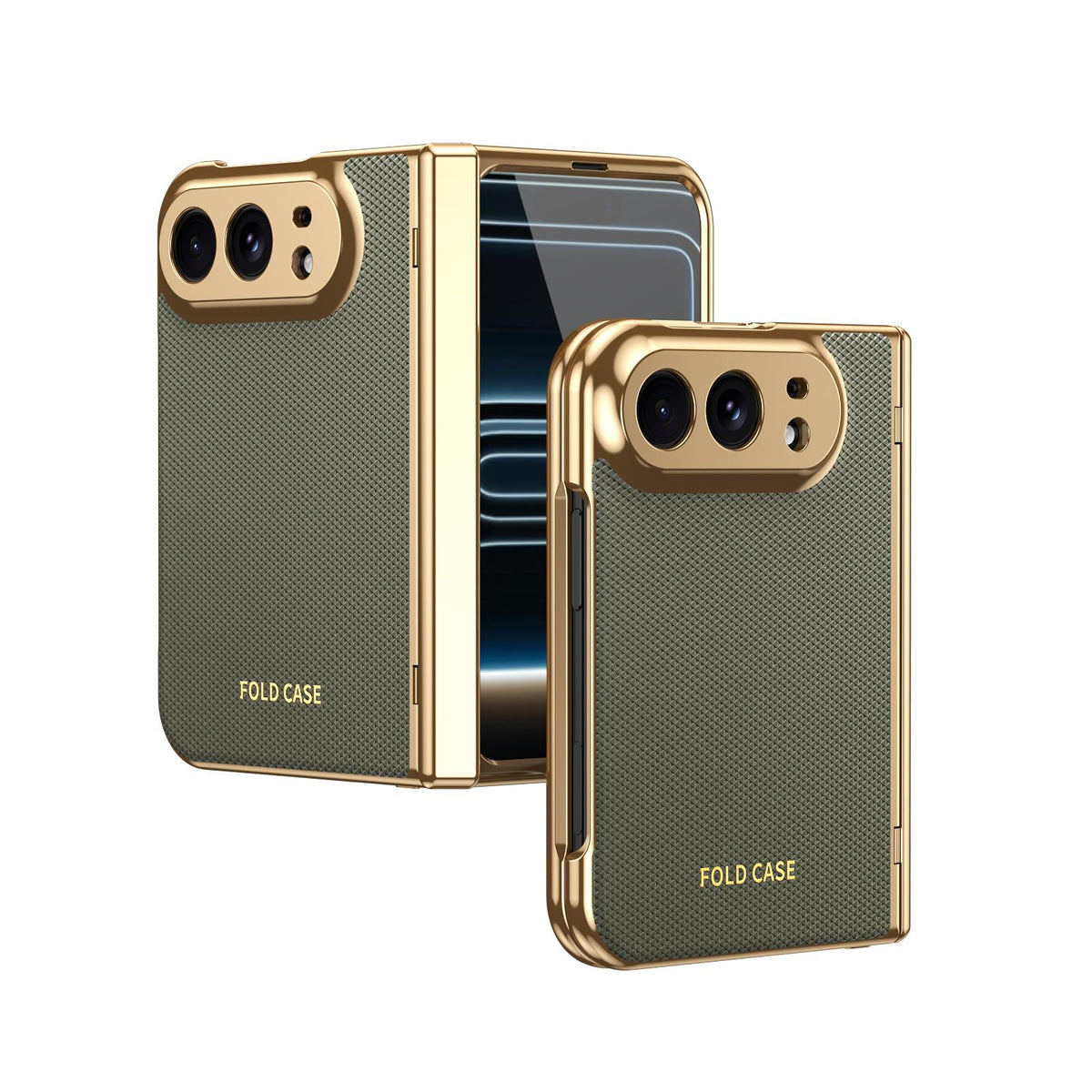 For iPhone Duo Electroplated PC Fold Shockproof Vegan Leather Phone Case - Olive Green - EDA010120401F