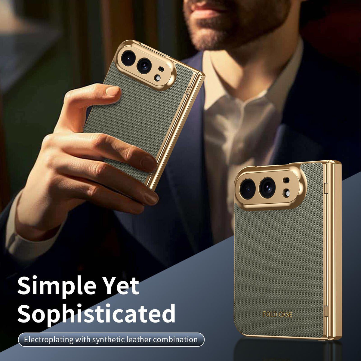 For iPhone Duo Electroplated PC Fold Shockproof Vegan Leather Phone Case - Olive Green - EDA010120401F