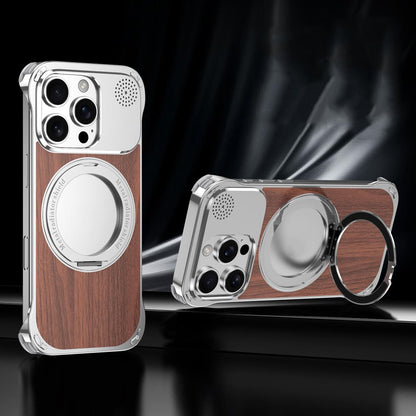 For iPhone 15 Pro Aromatherapy Walnut Wood Borderless Magnetic Holder Phone Case - Titanium Silver - EDA010122602A