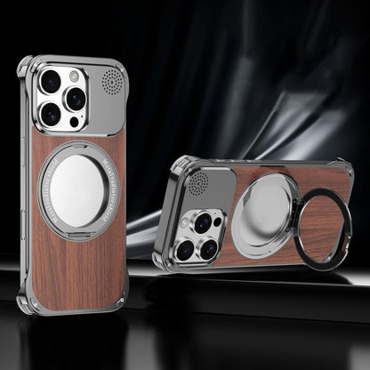 For iPhone 15 Pro Aromatherapy Walnut Wood Borderless Magnetic Holder Phone Case - Titanium Grey - EDA010122602C