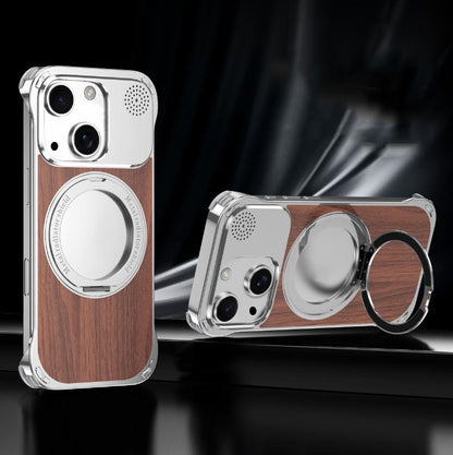 For iPhone 15 Aromatherapy Walnut Wood Borderless Magnetic Holder Phone Case - Titanium Silver - EDA010122603A