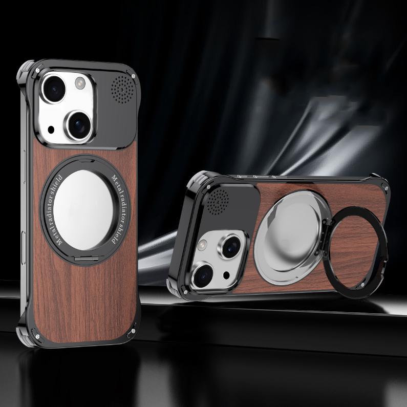 For iPhone 15 Aromatherapy Walnut Wood Borderless Magnetic Holder Phone Case - Titanium Black - EDA010122603B
