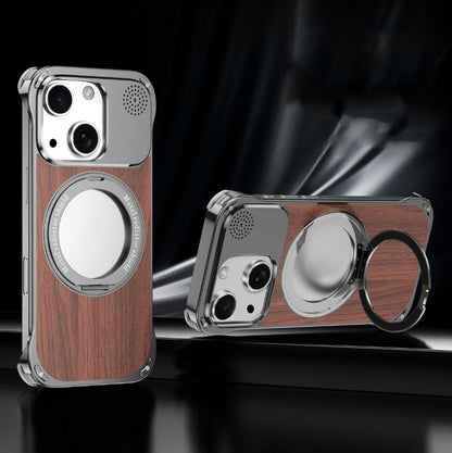 For iPhone 15 Aromatherapy Walnut Wood Borderless Magnetic Holder Phone Case - Titanium Grey - EDA010122603C