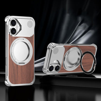 For iPhone 16 Plus Aromatherapy Walnut Wood Borderless Magnetic Holder Phone Case - Titanium Silver - EDA010122604A