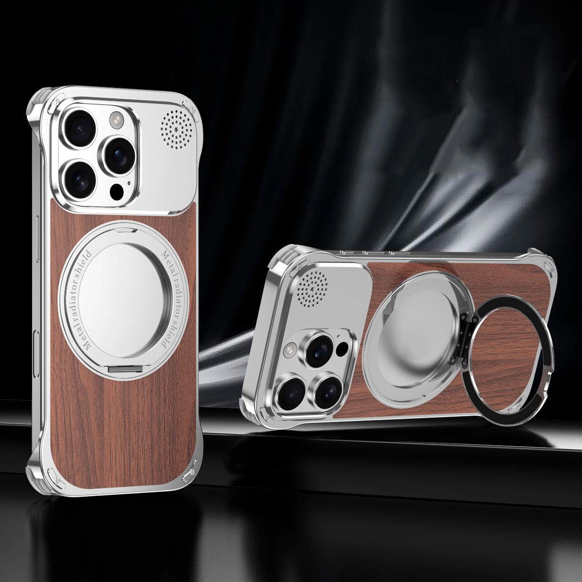 For iPhone 16 Pro Aromatherapy Walnut Wood Borderless Magnetic Holder Phone Case - Titanium Silver - EDA010122606A